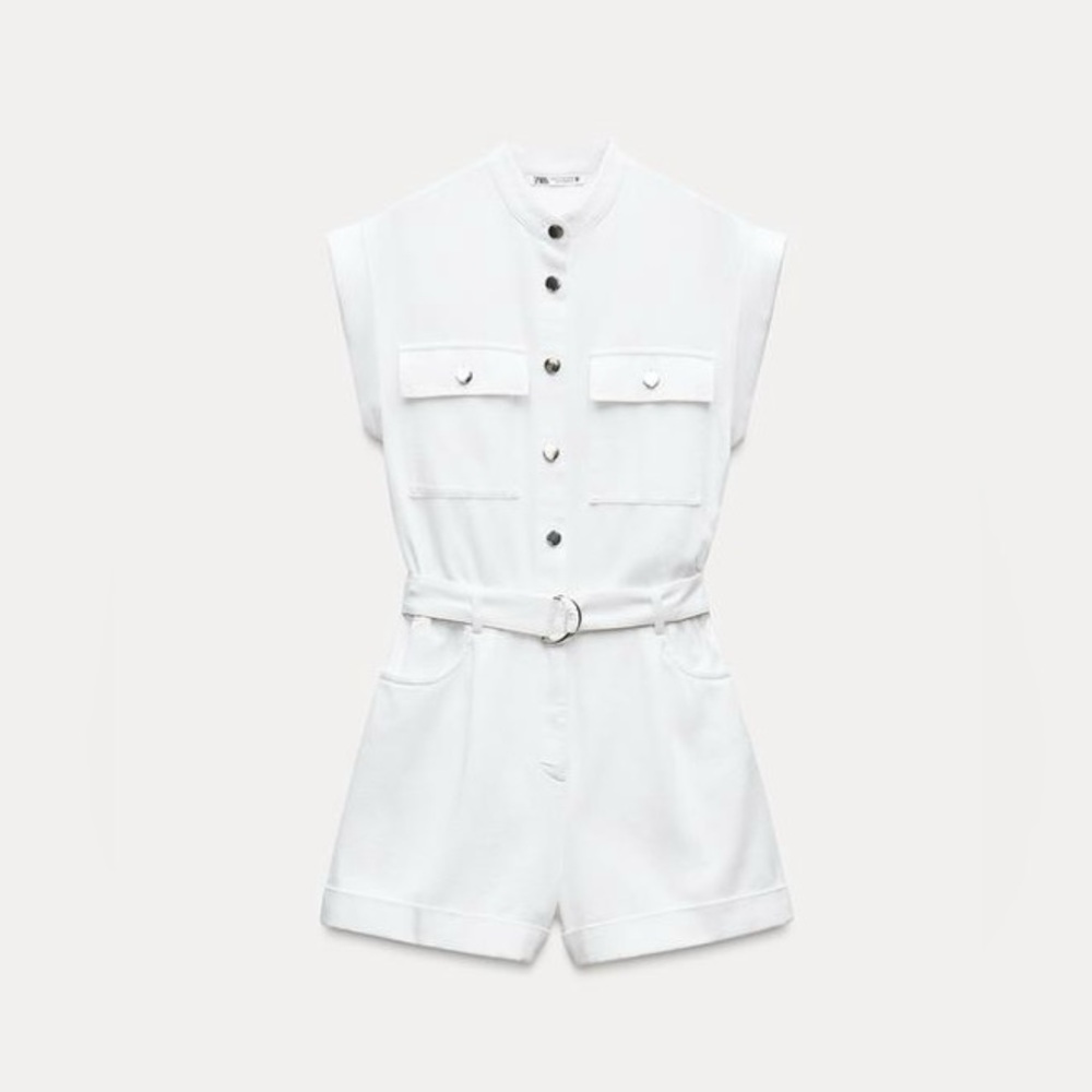 White Sleeveless Utility Romper with Belt